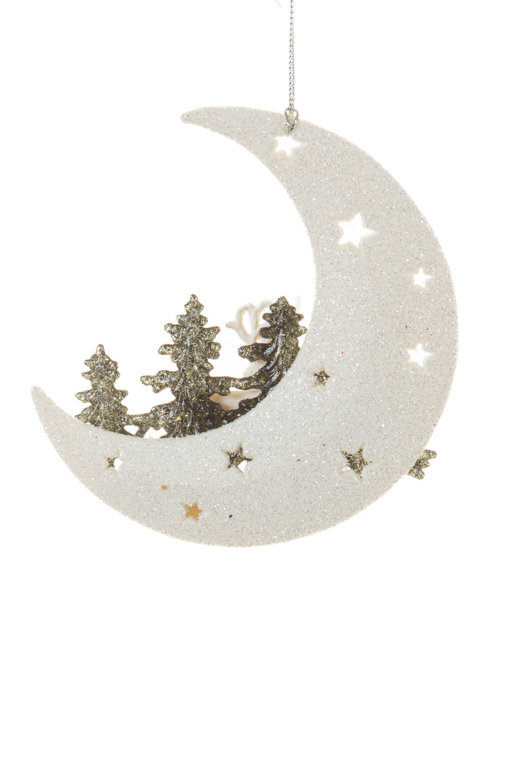 Scenic Glittery Hanging White and Black Half Moon Ornament with Reindeer and Trees - Image 2