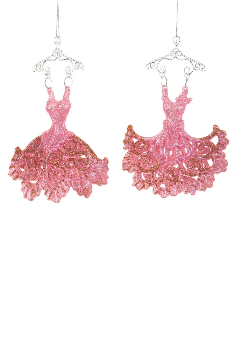 Pretty Glittery Hangable Pink Acrylic Pair Of Dresses Ornament with Clear Hangers