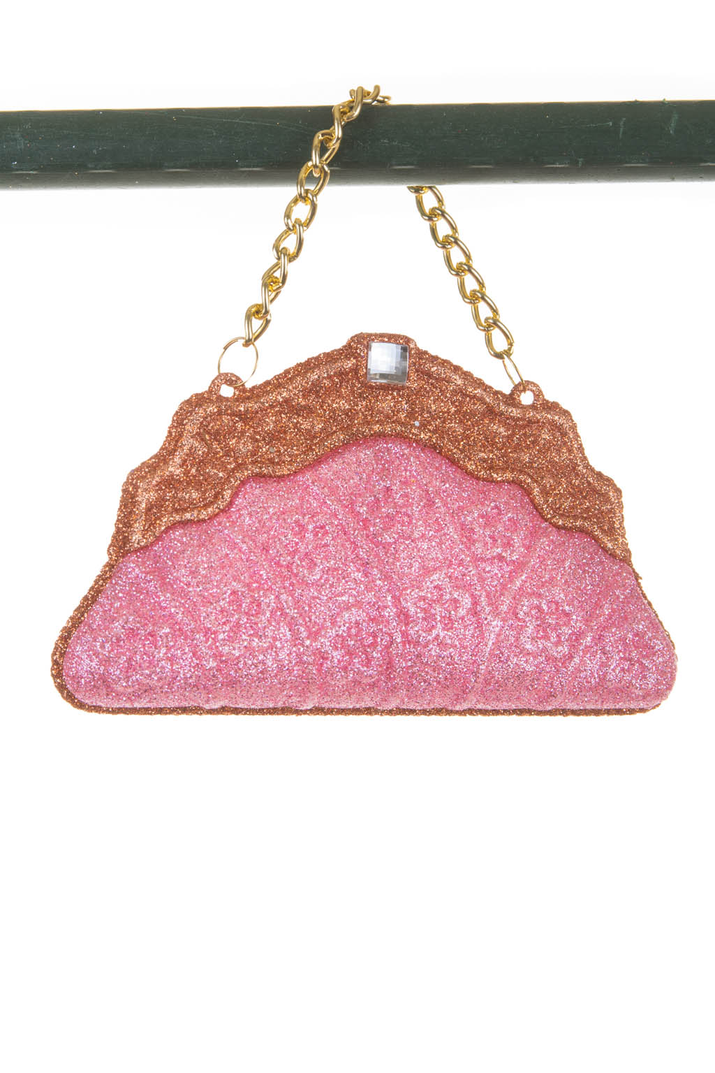 Pretty Glittery Hangable Pink and Bronze Acrylic Purse Ornament with a Gold Chain