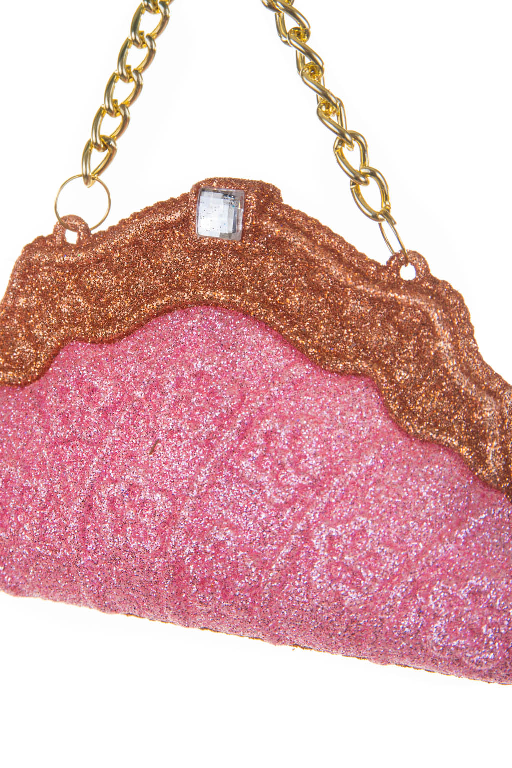 Pretty Glittery Hangable Pink and Bronze Acrylic Purse Ornament with a Gold Chain - Image 2
