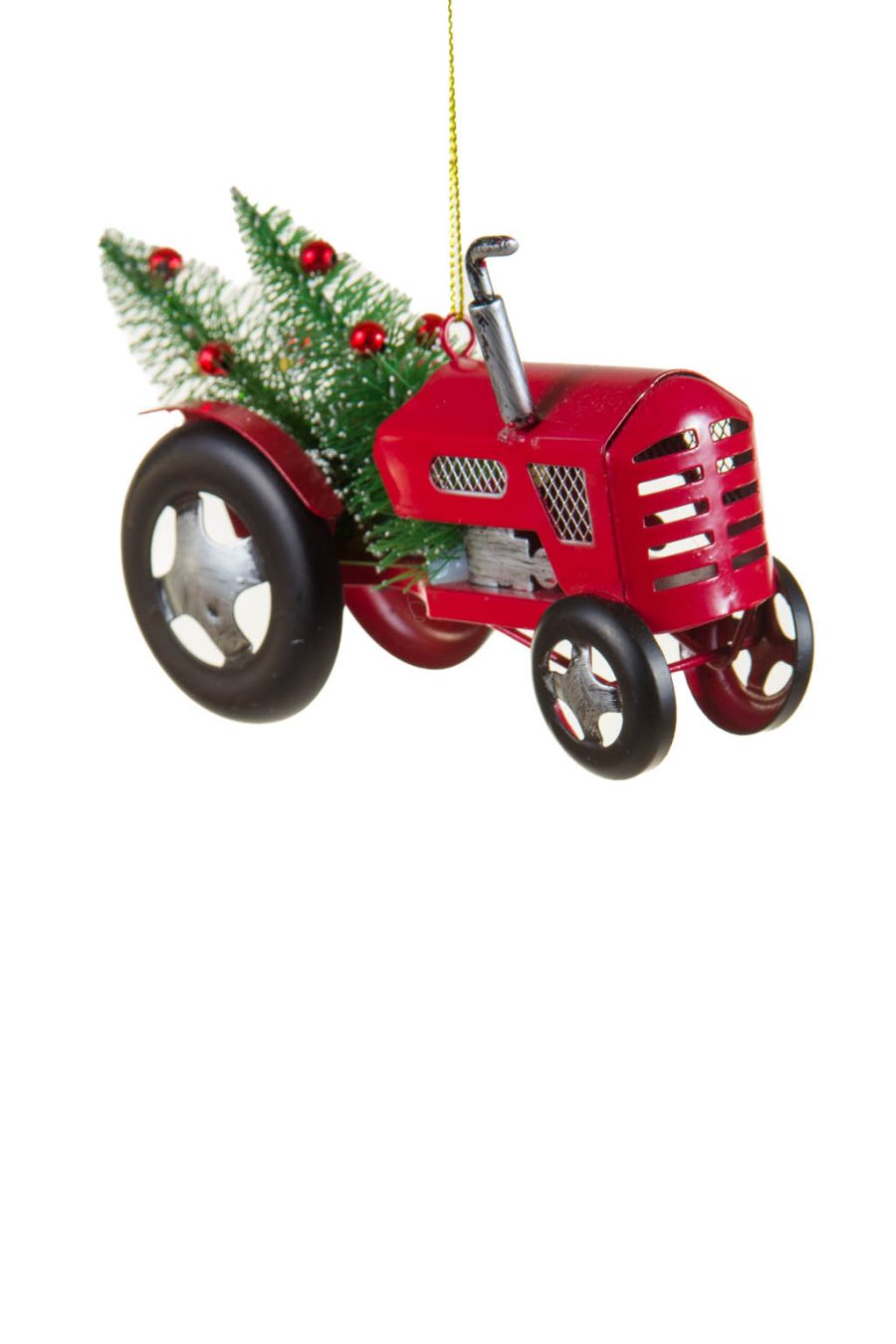 Festive Hanging Red Tractor Ornament with Frosted Christmas Trees