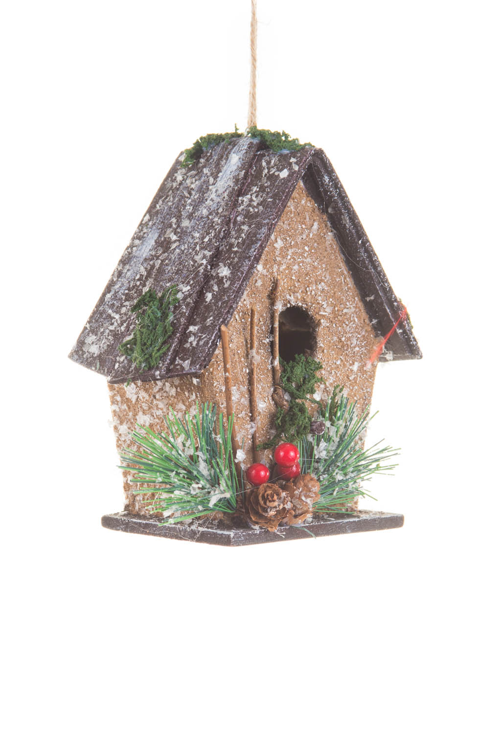 Hangable Frosted Brown Birdhouse Christmas Cabin - Image 2