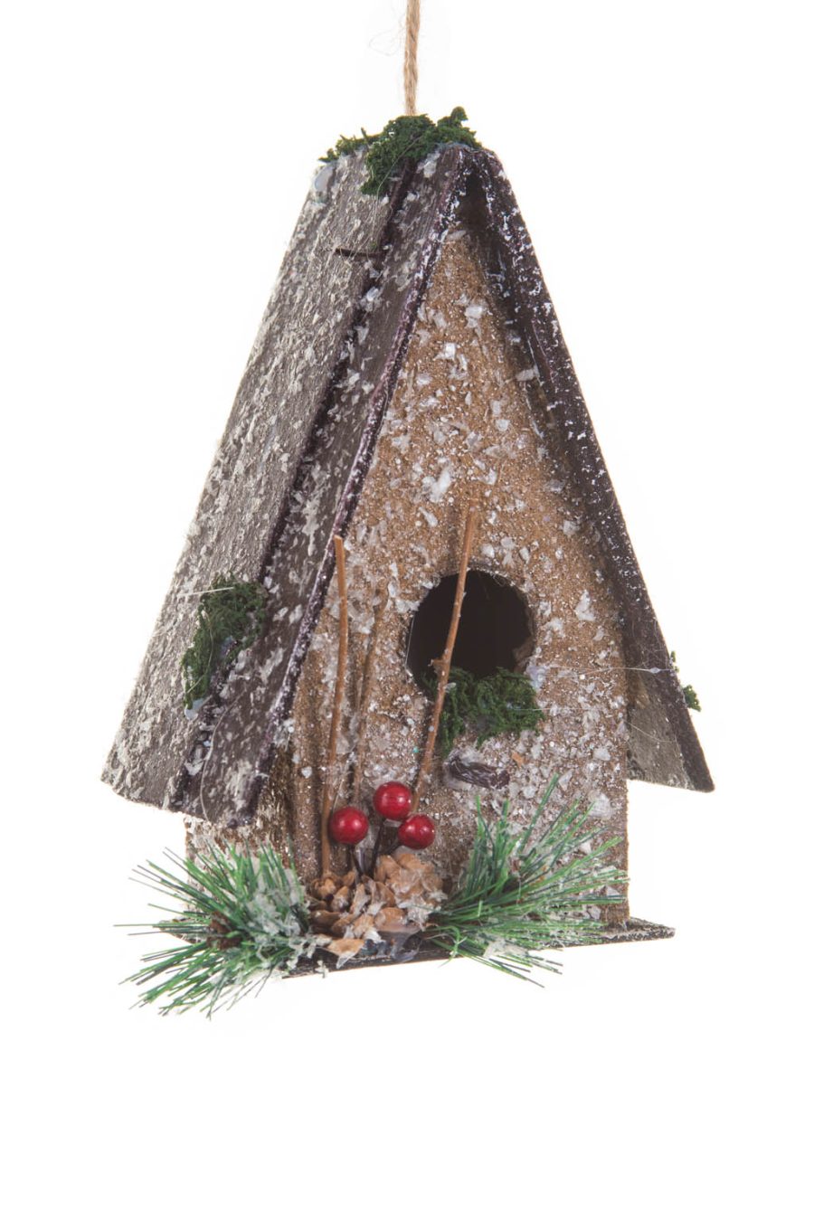 Hangable Frosted Brown Mossy Birdhouse Christmas Cabin