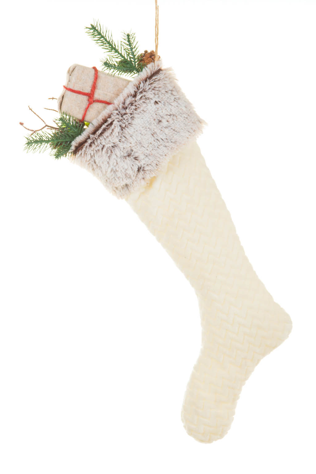 Elegant Hanging White and Grey Fabric Stuffed Stocking with Present Sprays - Image 2