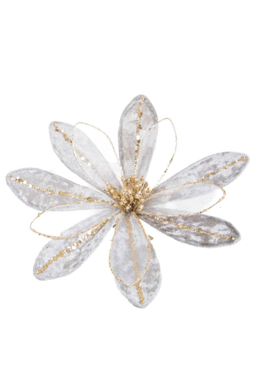 Crystaline Gray and Gold Fabric Gardenia Tree Pick with Gold Glitter