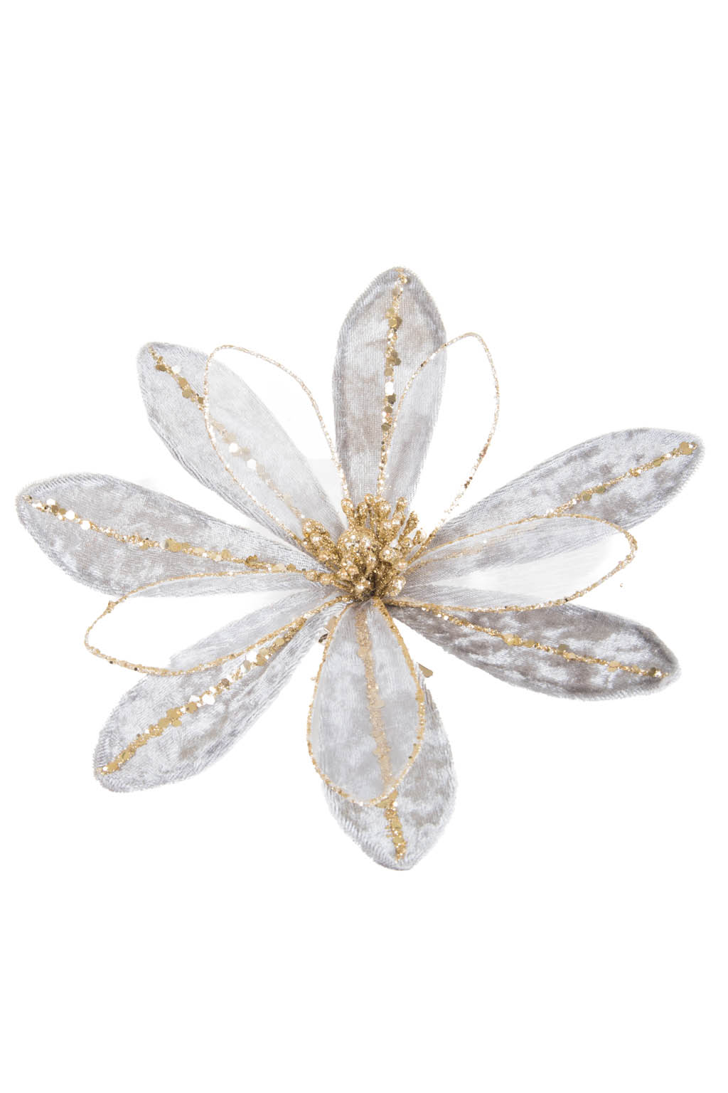 Crystaline Gray and Gold Fabric Gardenia Tree Pick with Gold Glitter