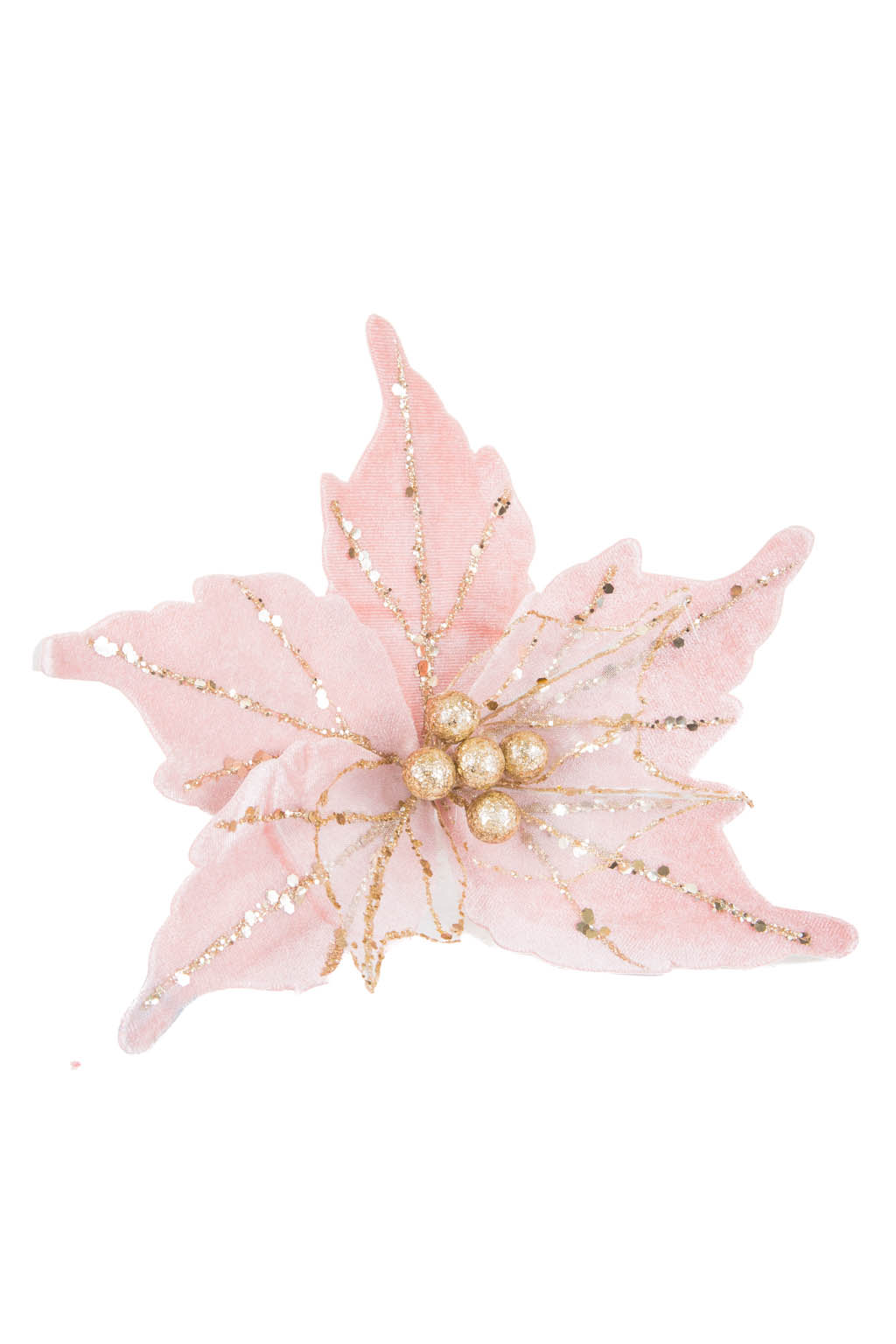 Crystaline White and Gold Fabric Poinsettia Tree Pick with Gold Glitter