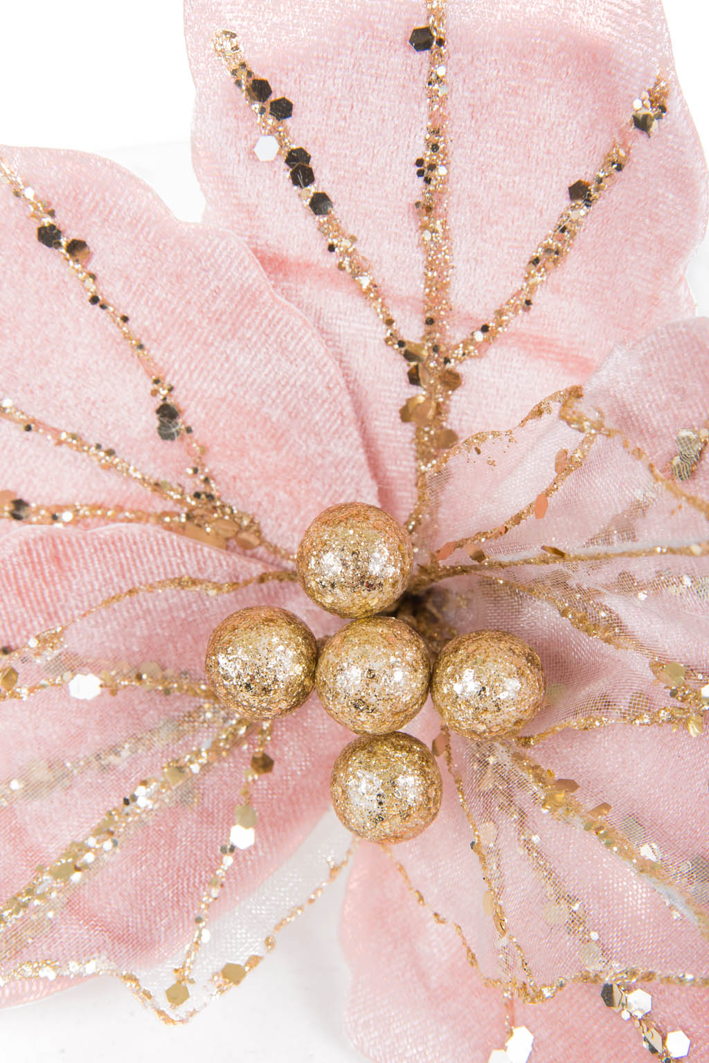 Crystaline White and Gold Fabric Poinsettia Tree Pick with Gold Glitter - Image 2