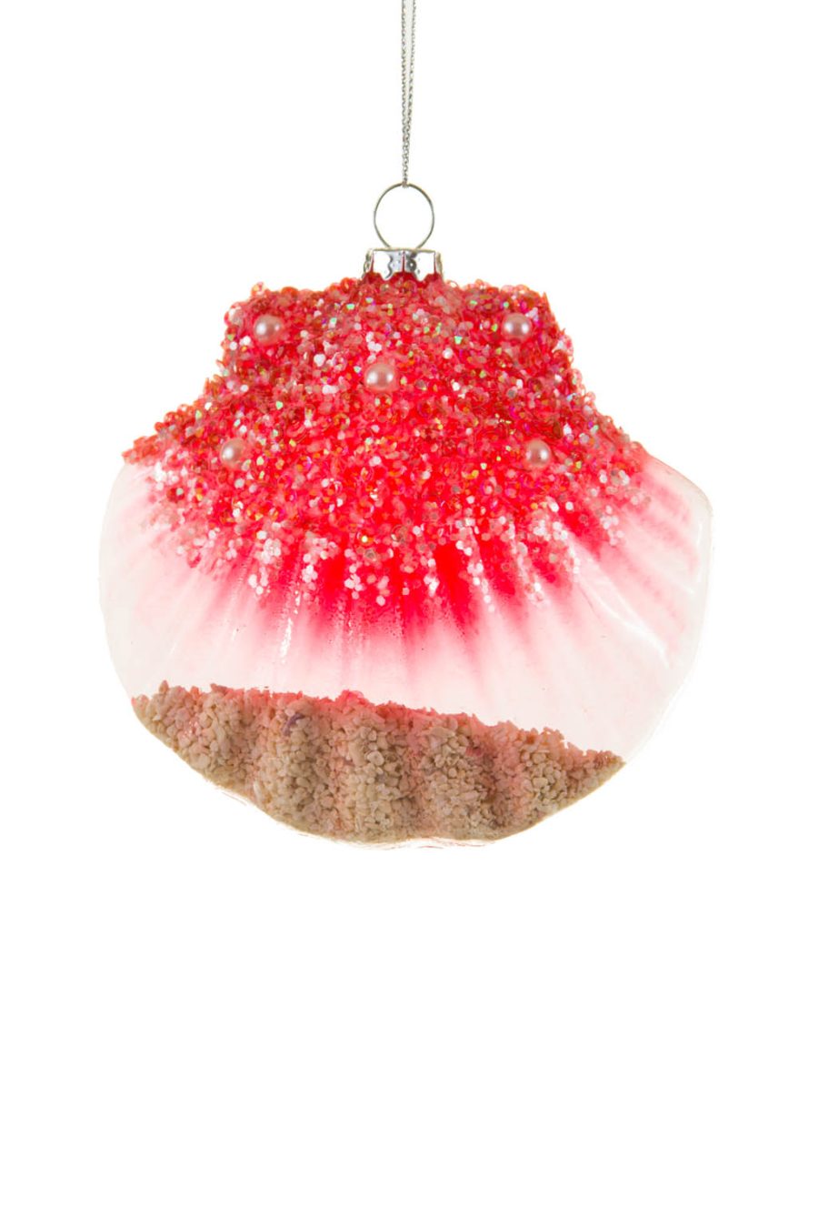 Dazzling Hanging Red and Peachy-Red Glass Oyster Ornament with Sequins and Pearls