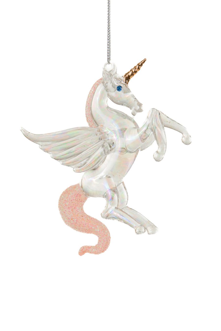 Whimsical Glittery Hanging Clear Glass Unicorn Ornament with Glittery Tail