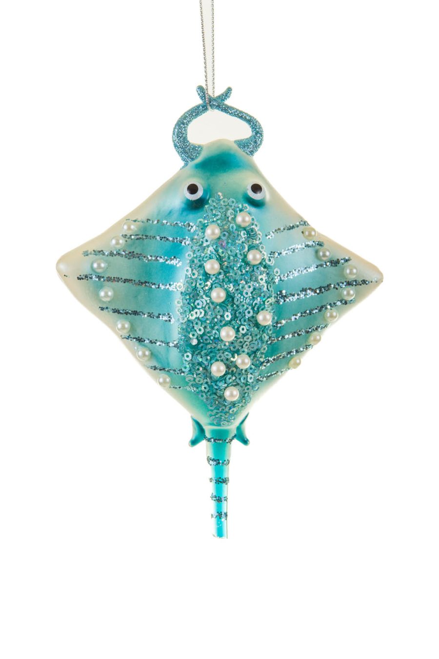 Goofy Hanging Blue and White Sequin Glass String Ray Ornament with Pearls and Sequins