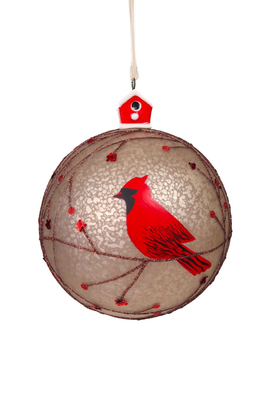 Lovely Hanging Grey and Red Porcelain Perched Cardinal Ornament