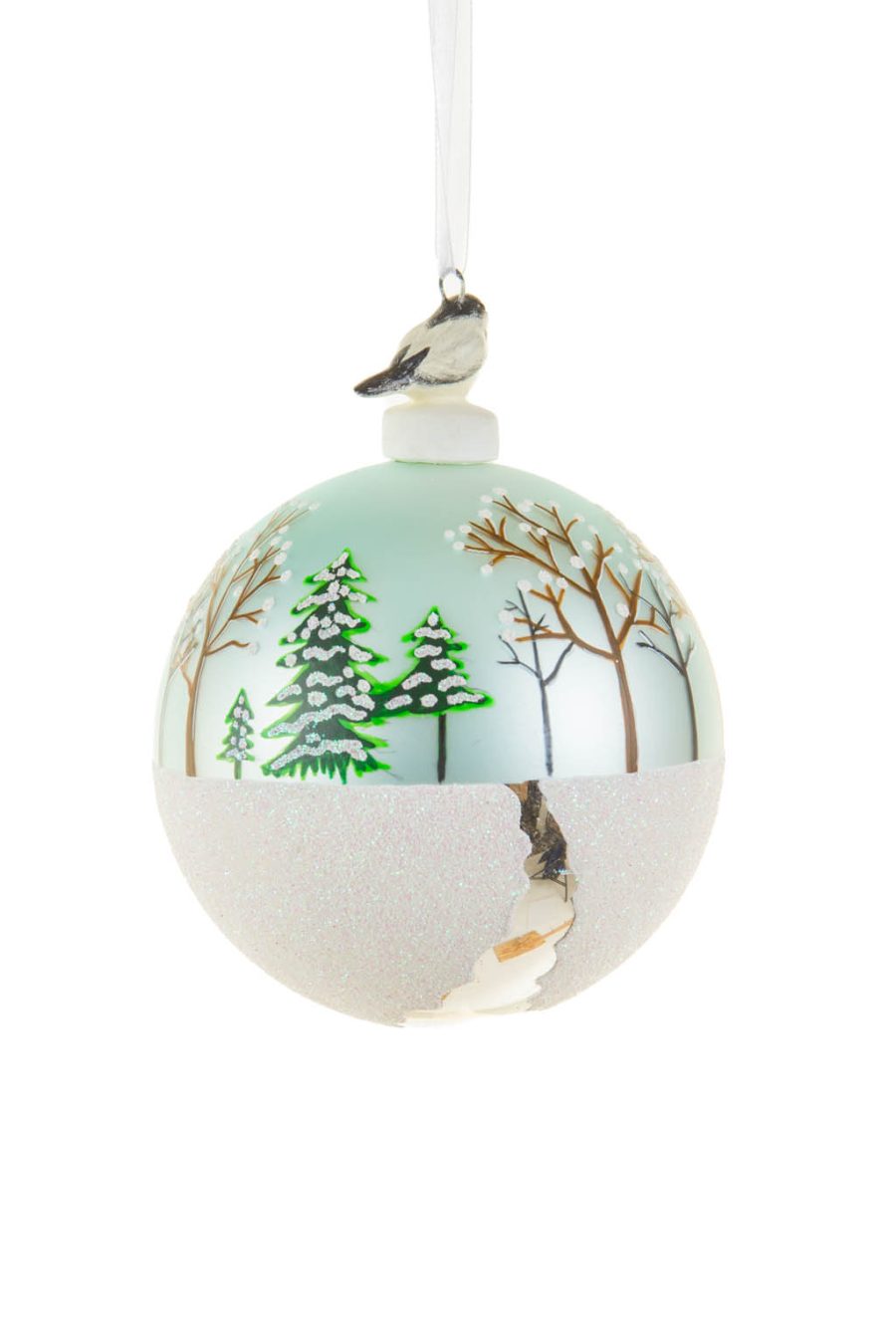 Festive Hanging White and Light Blue Ornament with Snowy Field Design