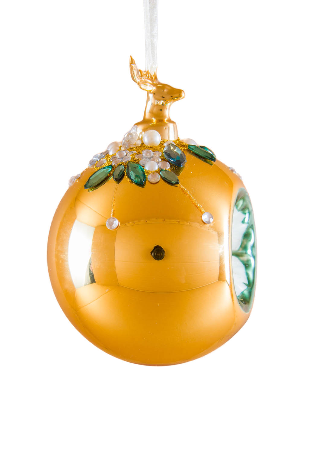 Extravagant Hanging Gold Metallic Ball Ornament with Carved-in White Lilac - Image 2