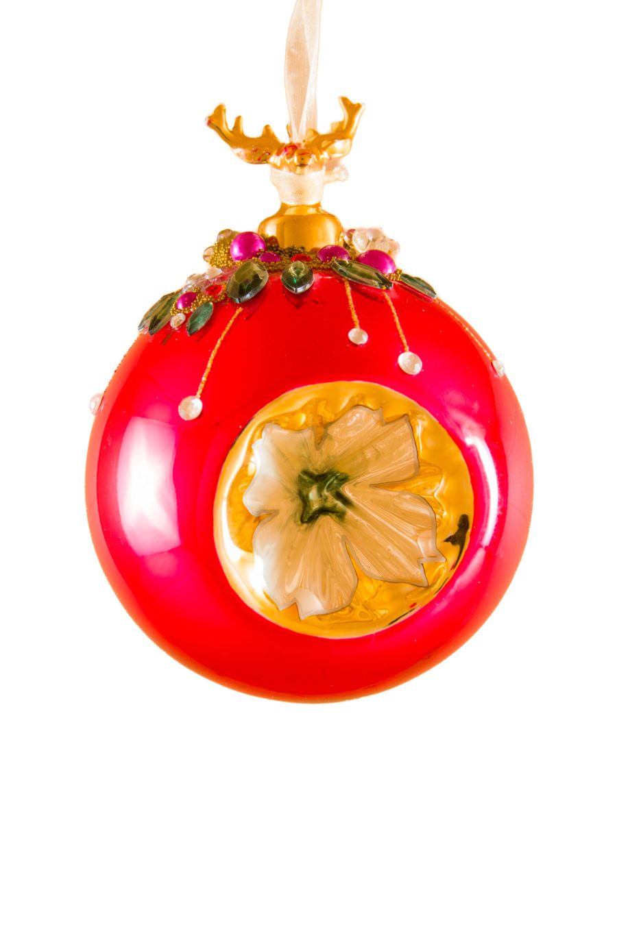 Extravagant Hanging Red Metallic Ball Ornament with Carved-in White Lilac