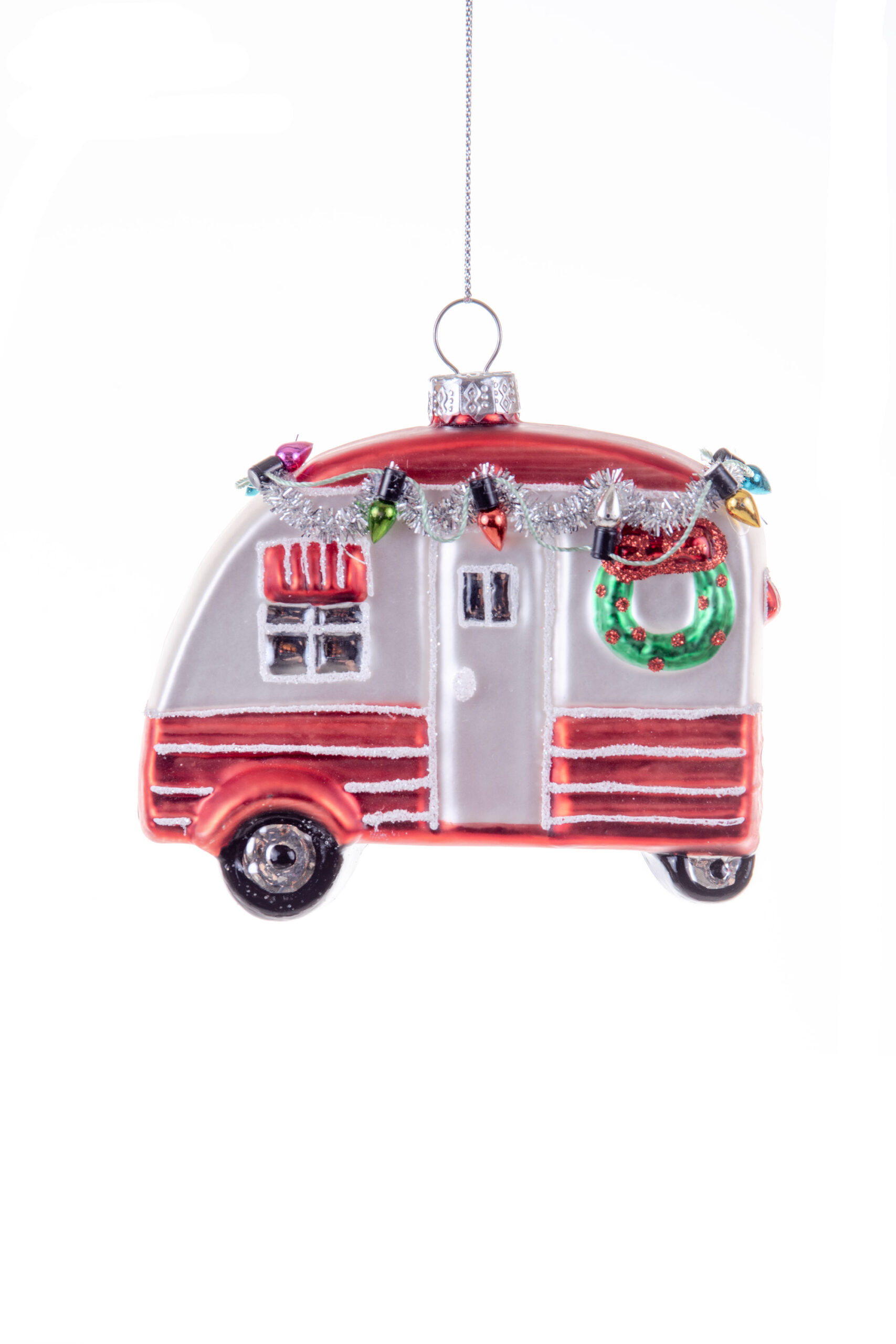 Hangable Red and Silver Striped Mobile Home Ornament with Silver Tinsel Garlands - Image 3