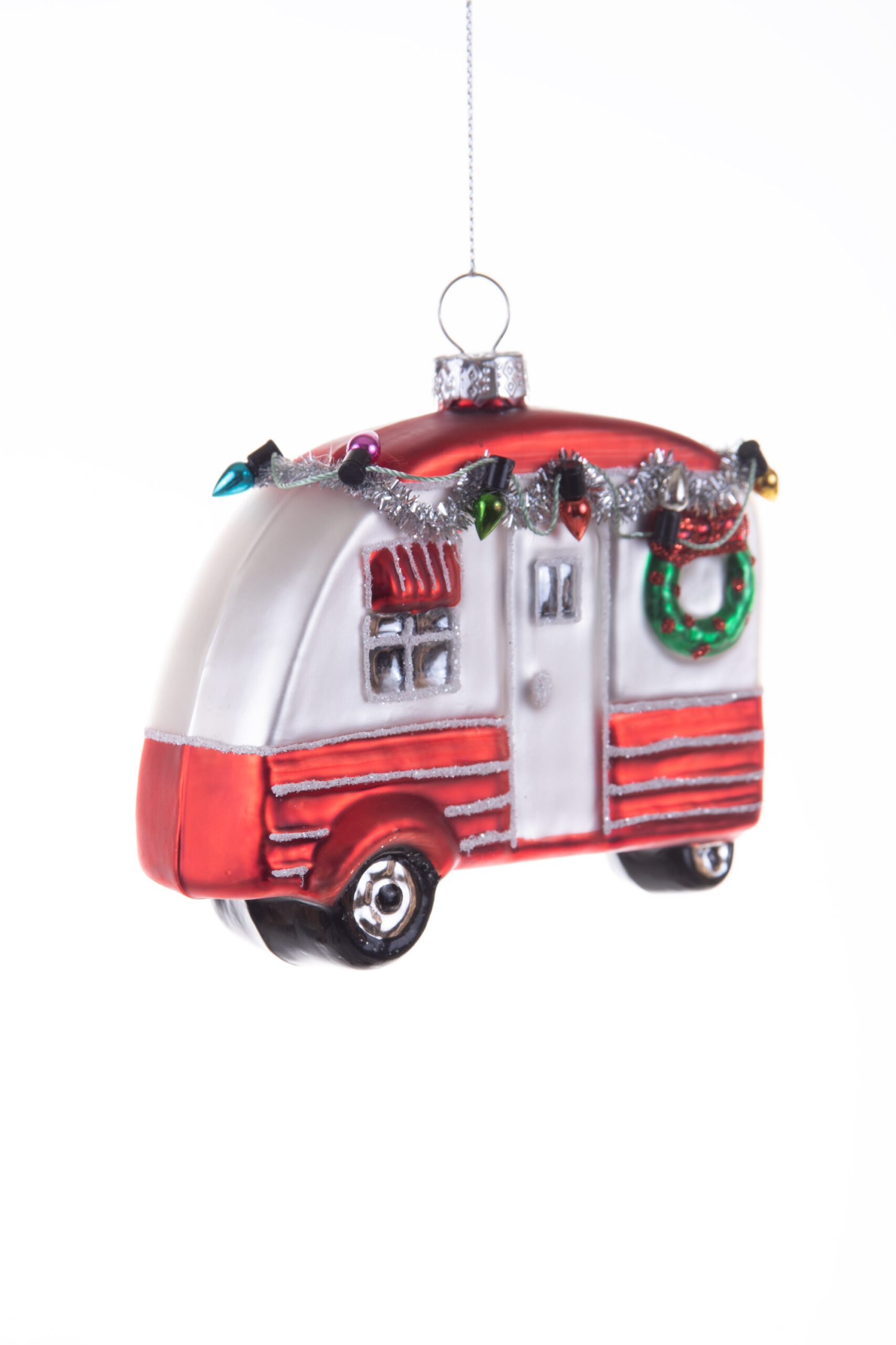 Hangable Red and Silver Striped Mobile Home Ornament with Silver Tinsel Garlands - Image 2