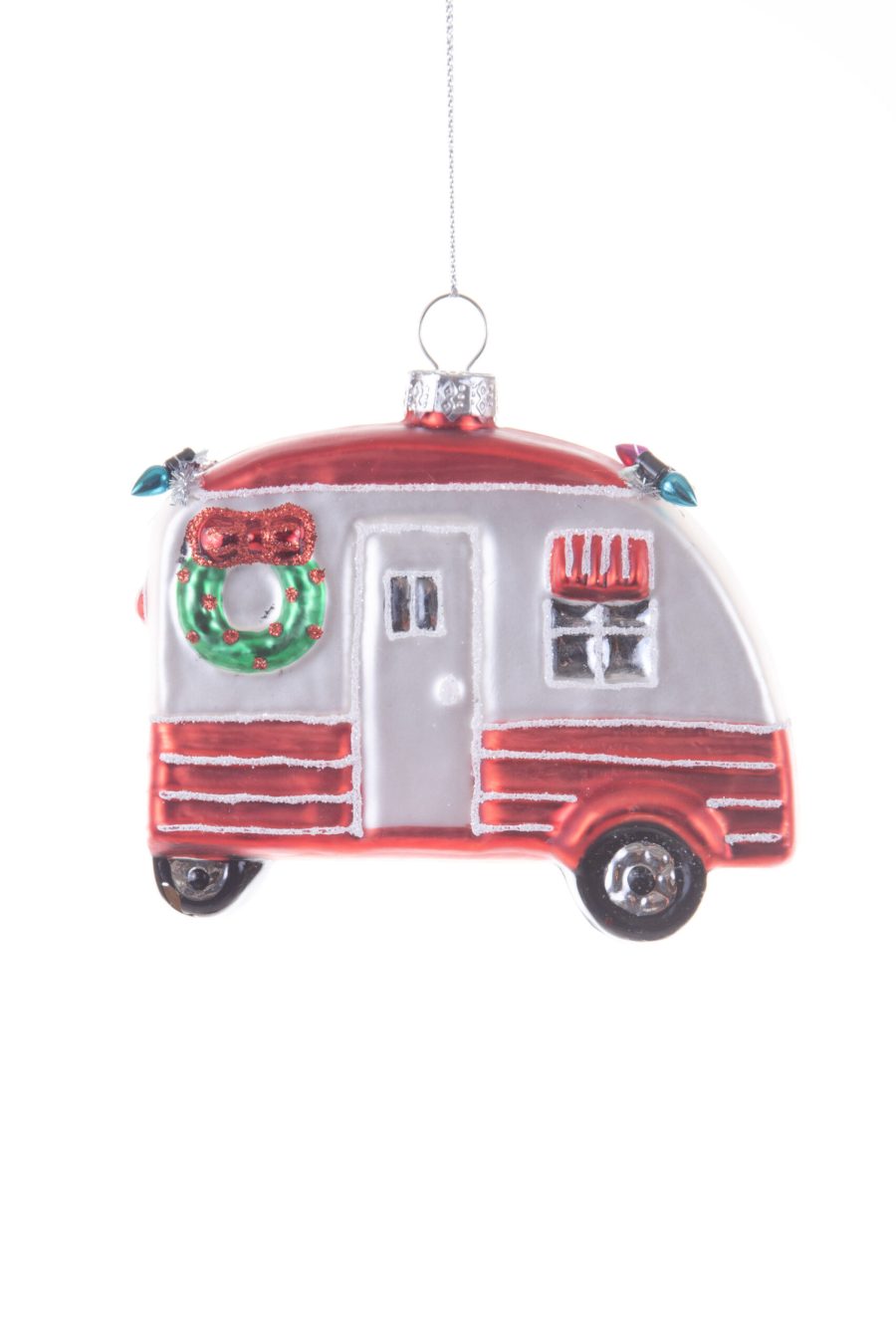 Hangable Red and Silver Striped Mobile Home Ornament with Silver Tinsel Garlands
