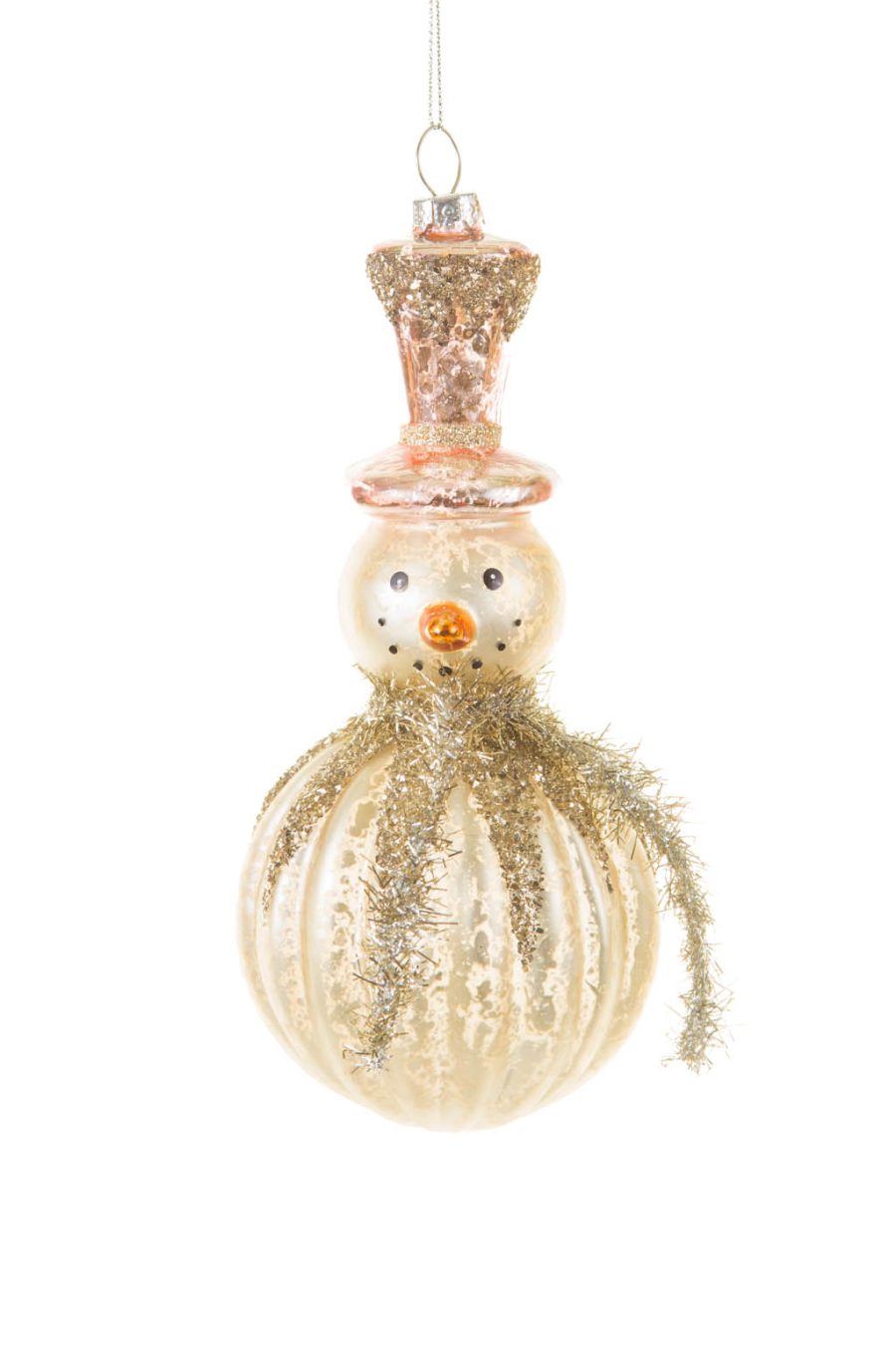 Hanging Gold and Silver Splotched Snowman Ornament with Rose-Gold Top Hat