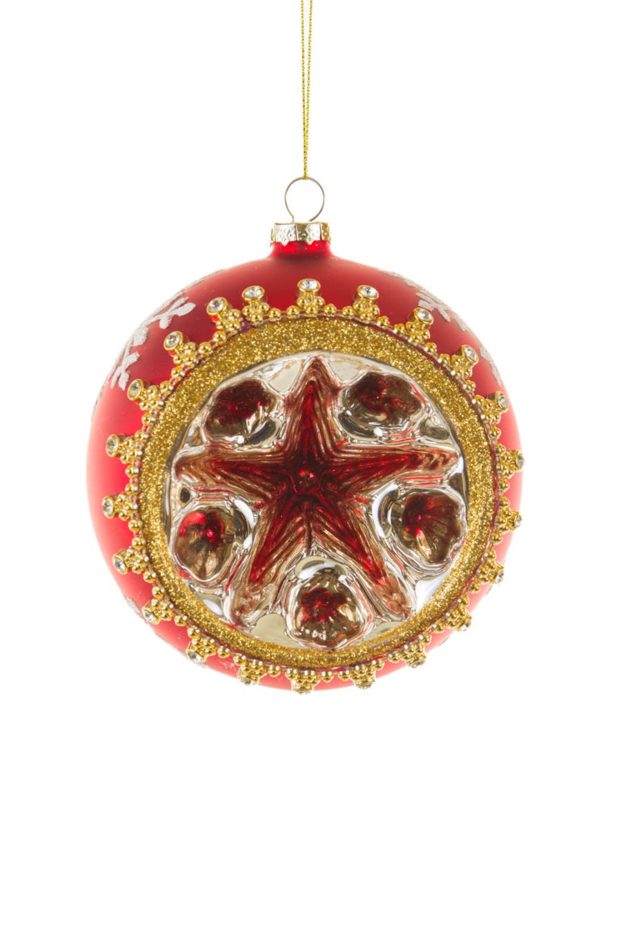 Hanging Red Bejeweled Ball Ornament with Star Carvings