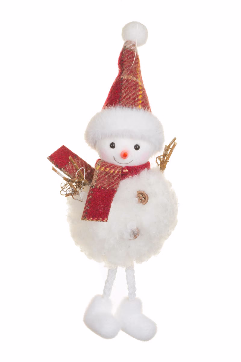 Hanging Red Hat Snowman Doll With Plaid Scarf