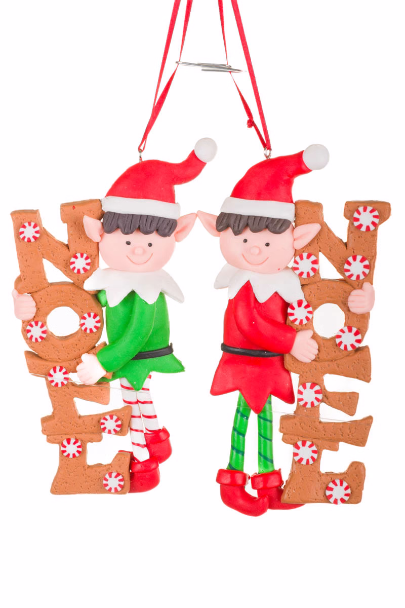 Red Noel Hugging Elves Ornament