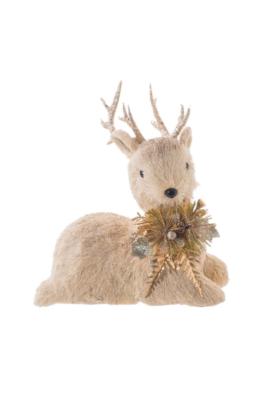 Cream/Gold Straw Fur Lying Down Sparkly Deer with Gold Spray