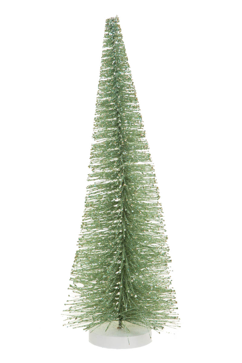 Glittery Green and Silver Wooden Base Decorative Tree with Wooden Base