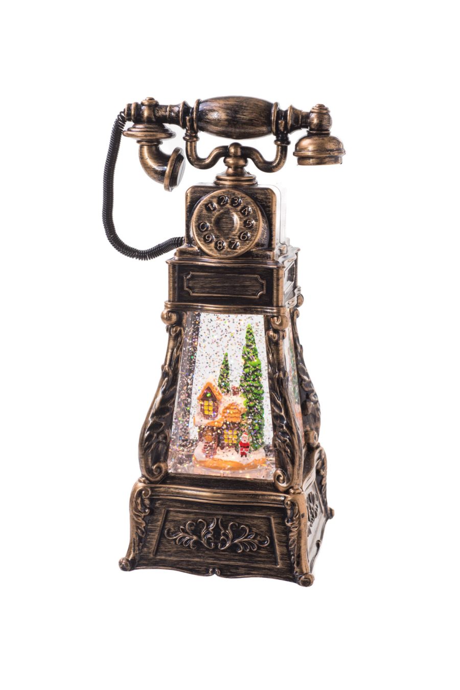 Brown Antique Phone LED Snow Globe with Christmas Village Figurine
