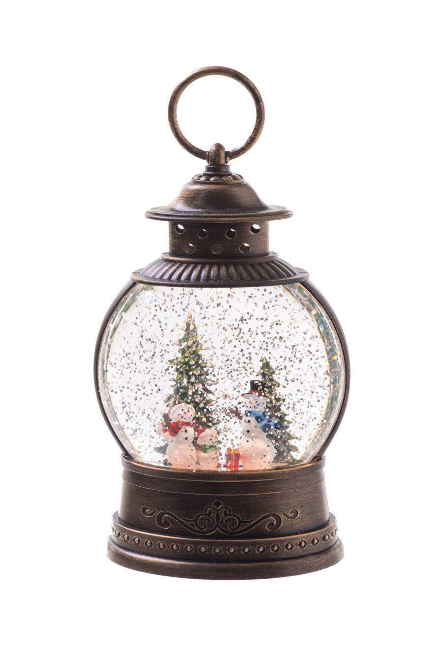 Brown Antique Oval Lantern LED Snow Globe with Snowman-Scape