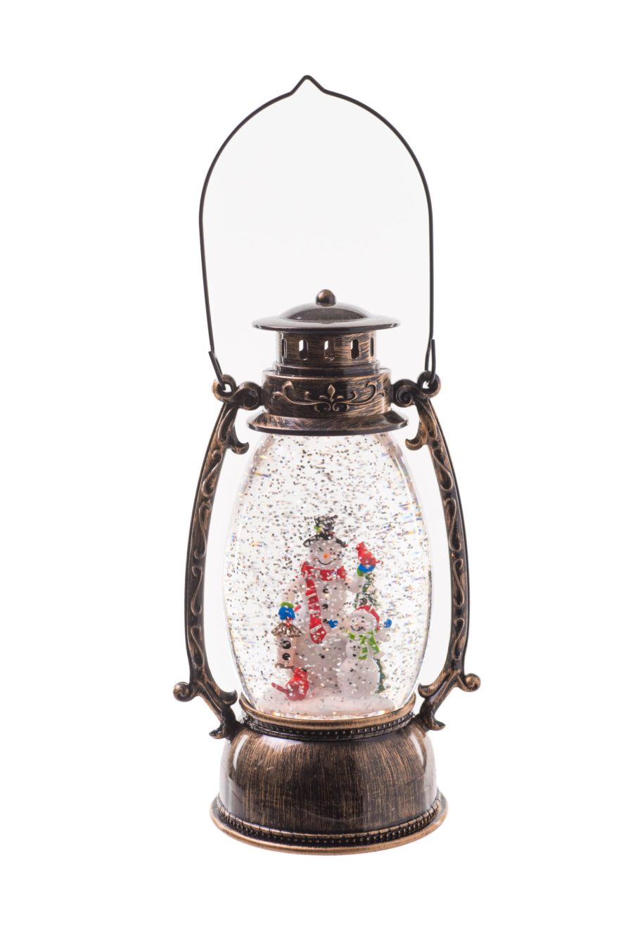 Brown Skinny Oil Lantern LED Snow Globe with Snowman Family