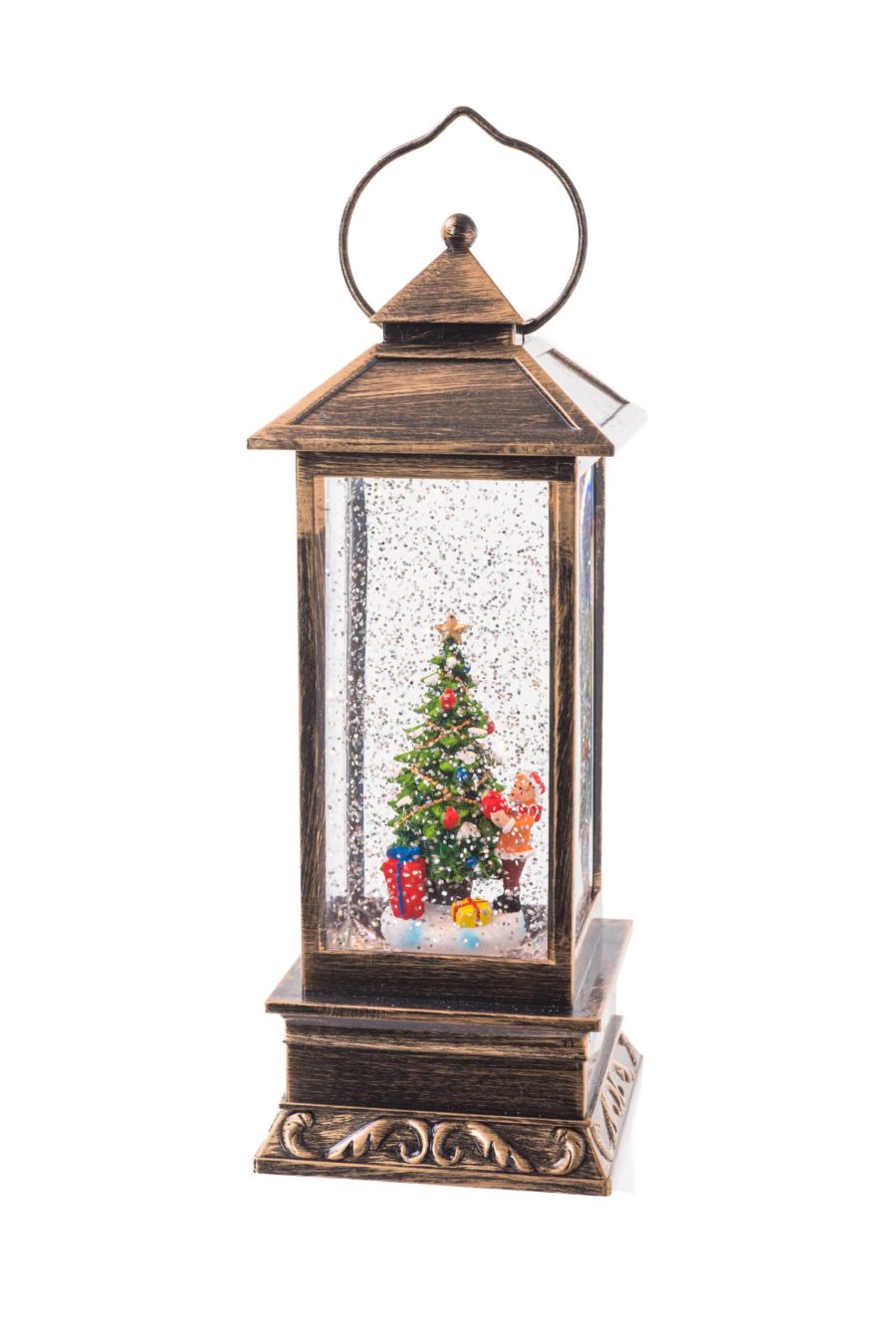 Antique Brown Tall Square Lantern LED Snow Globe with Tree Decorator
