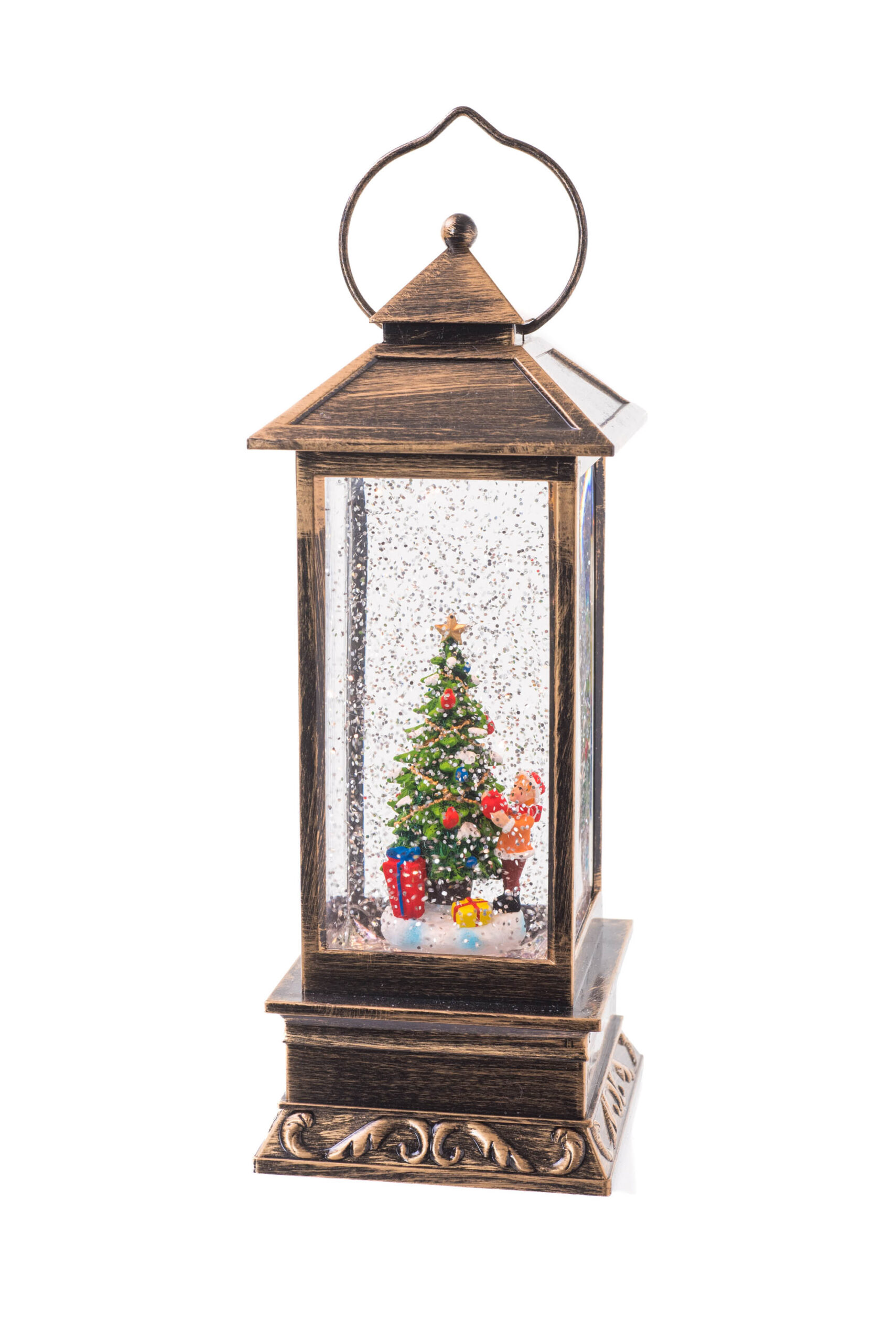 Antique Brown Tall Square Lantern LED Snow Globe with Tree Decorator