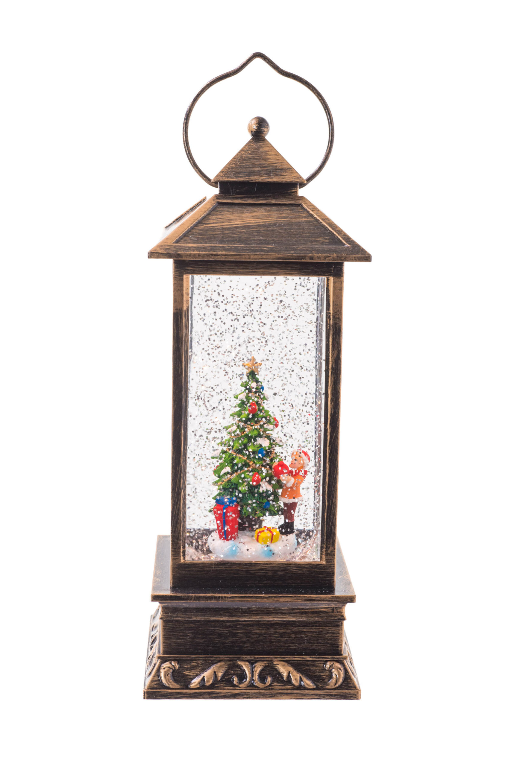 Antique Brown Tall Square Lantern LED Snow Globe with Tree Decorator - Image 2