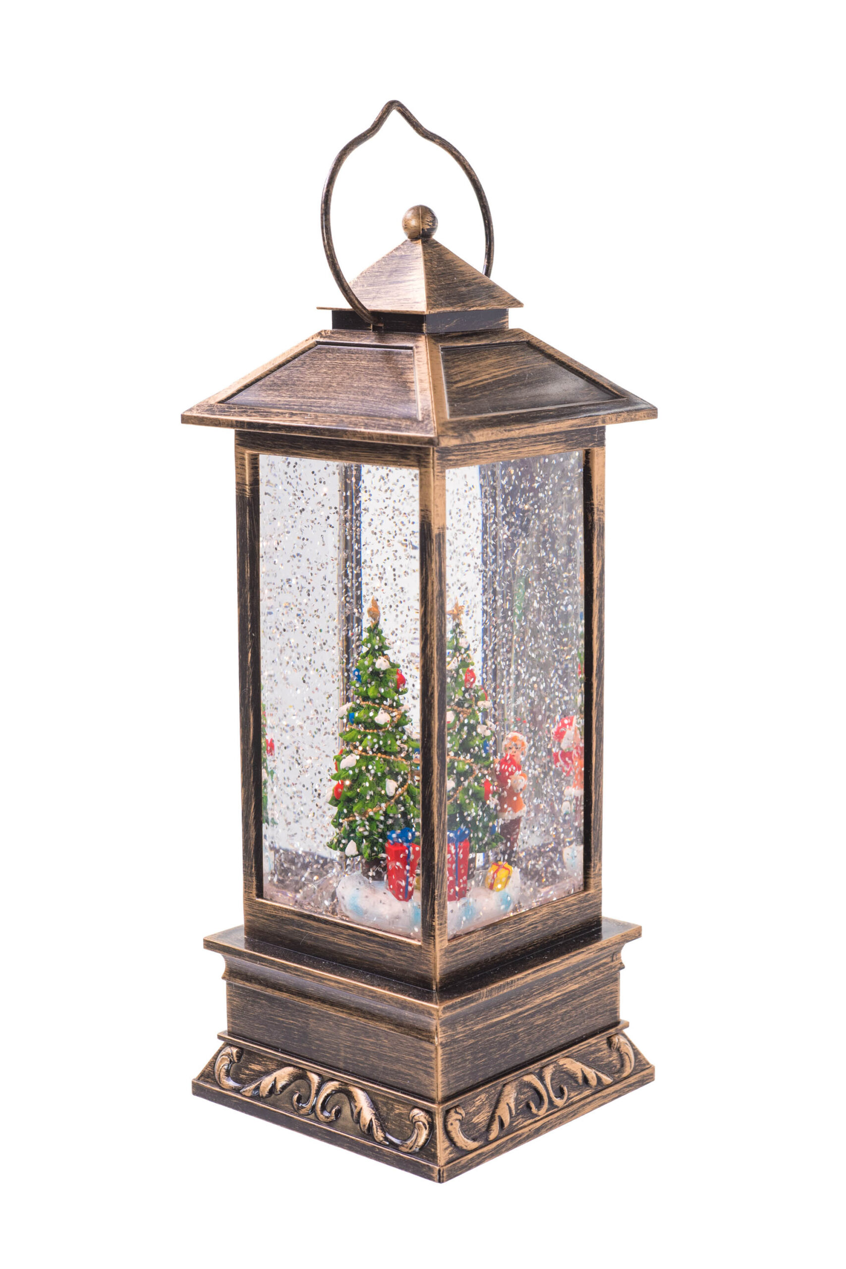 Antique Brown Tall Square Lantern LED Snow Globe with Tree Decorator - Image 3