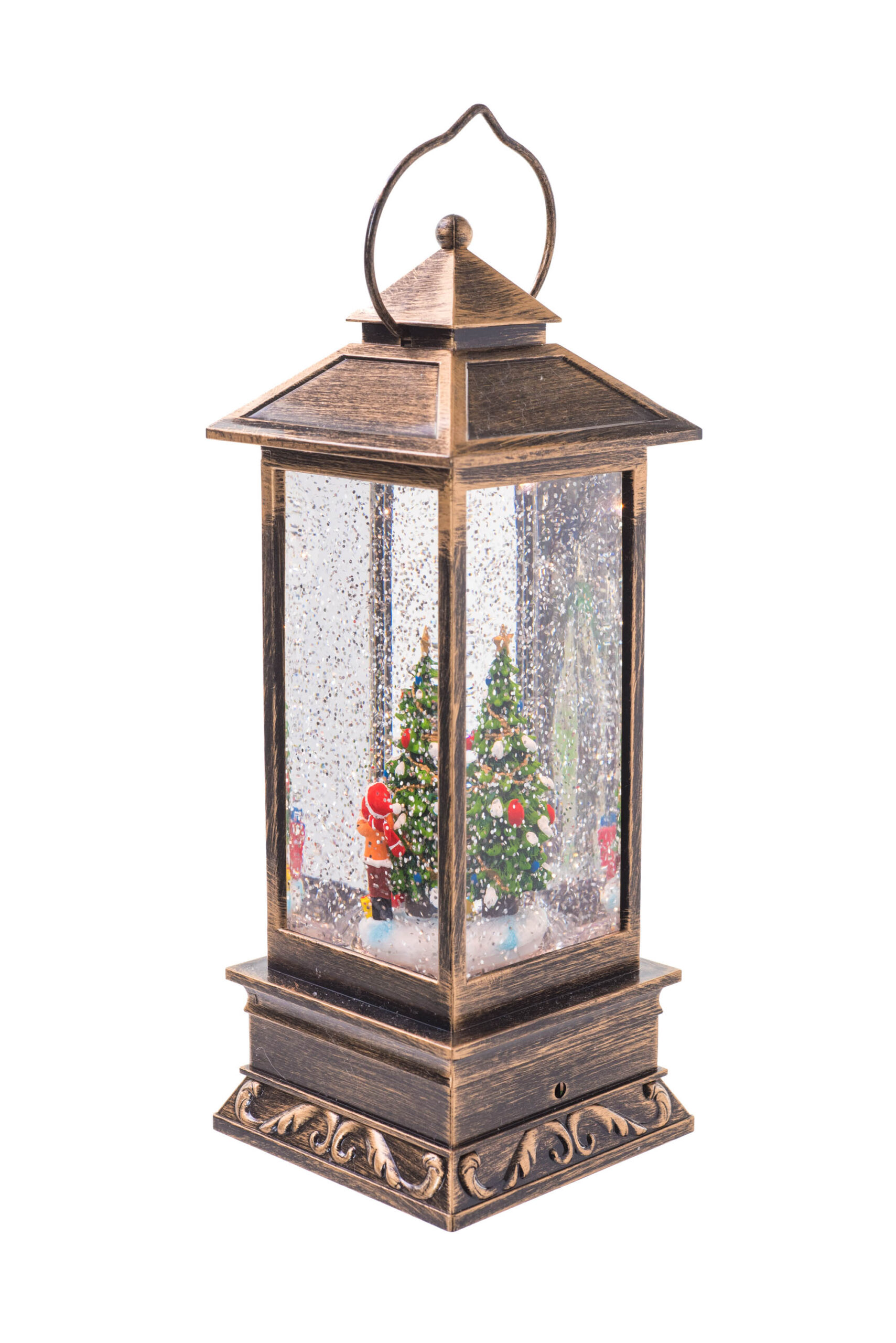 Antique Brown Tall Square Lantern LED Snow Globe with Tree Decorator - Image 5