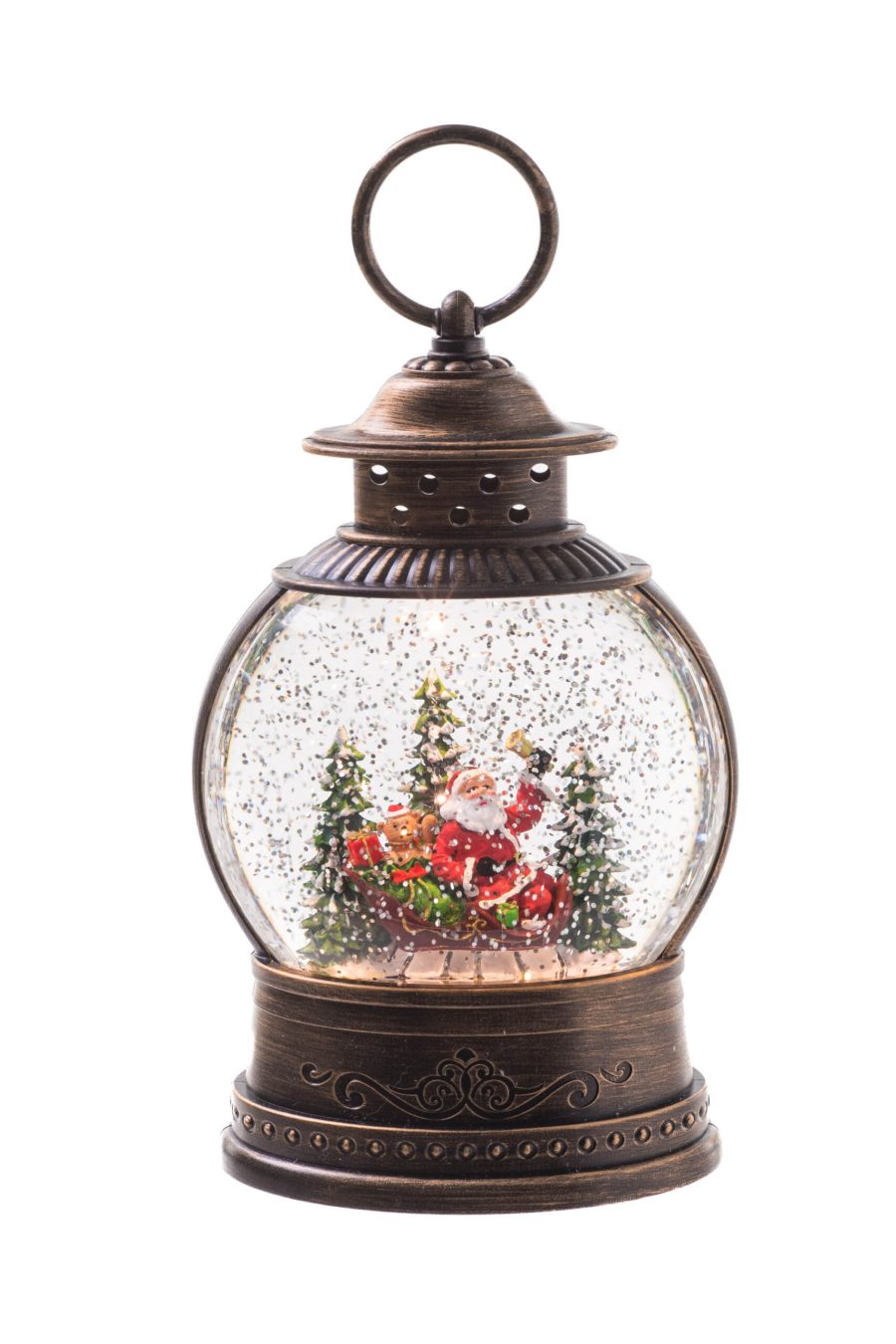 Brown Antique Oval Lantern LED Snow Globe with Santa in Sleigh