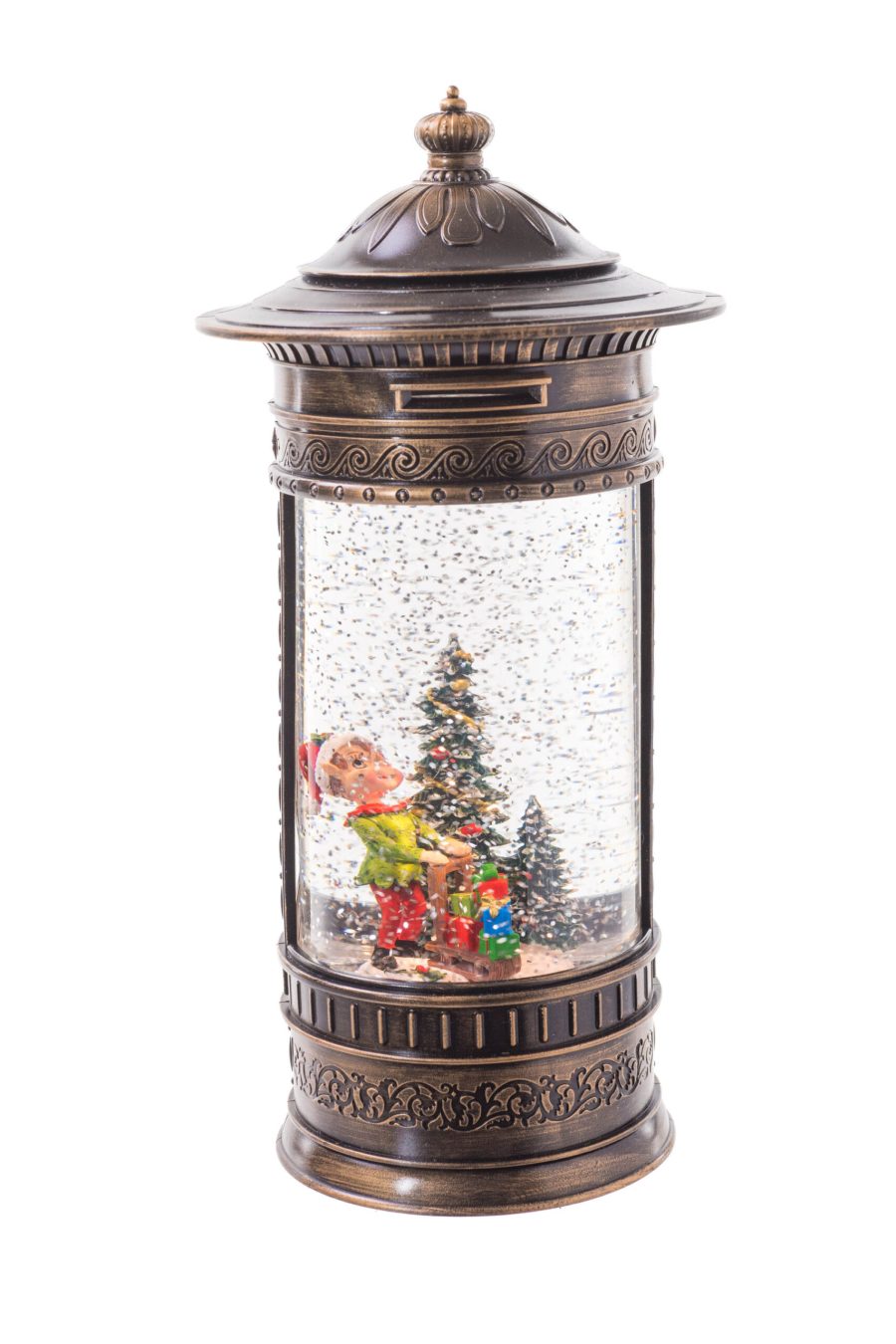 Brown English Mailbox LED Snow Globe with Working Elf