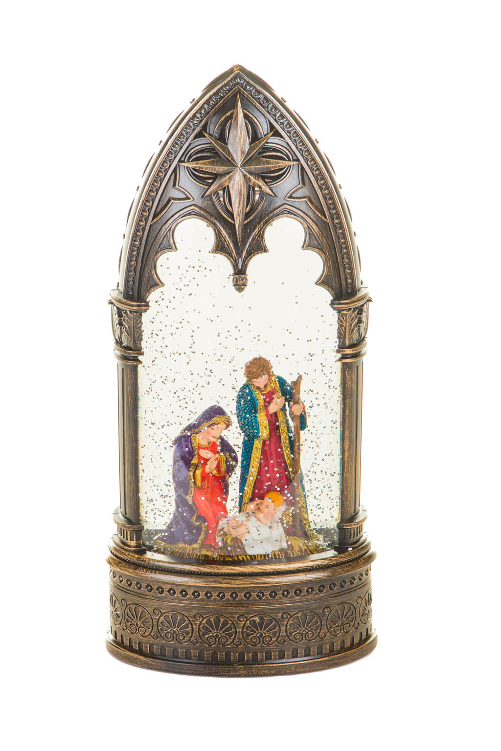 Musical Bronze Charming Nativity Warm White LED Snow Globe with Swirling Glitter