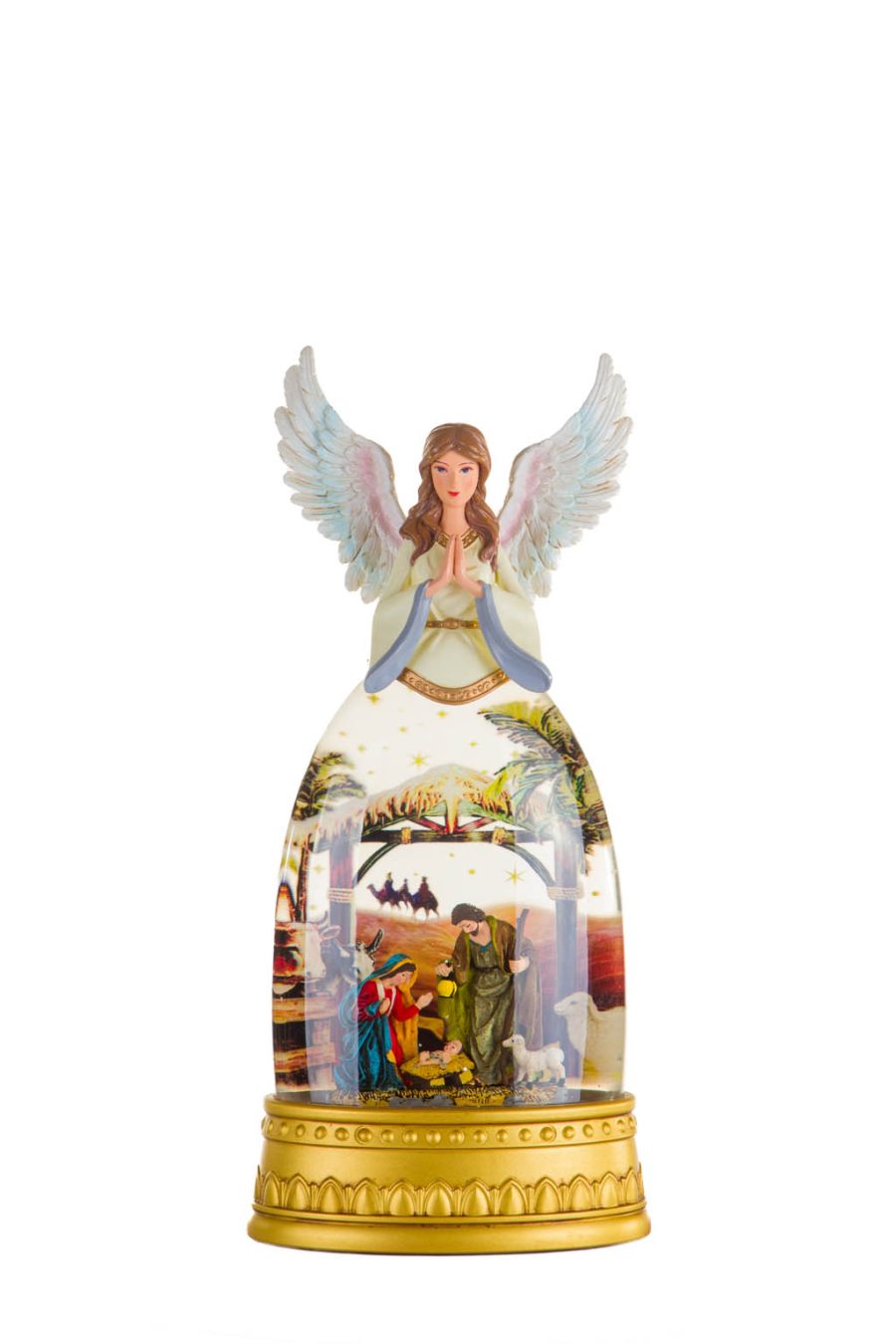 Gold and White Scenic Warm White LED Snow Globe with An Angelic Crest