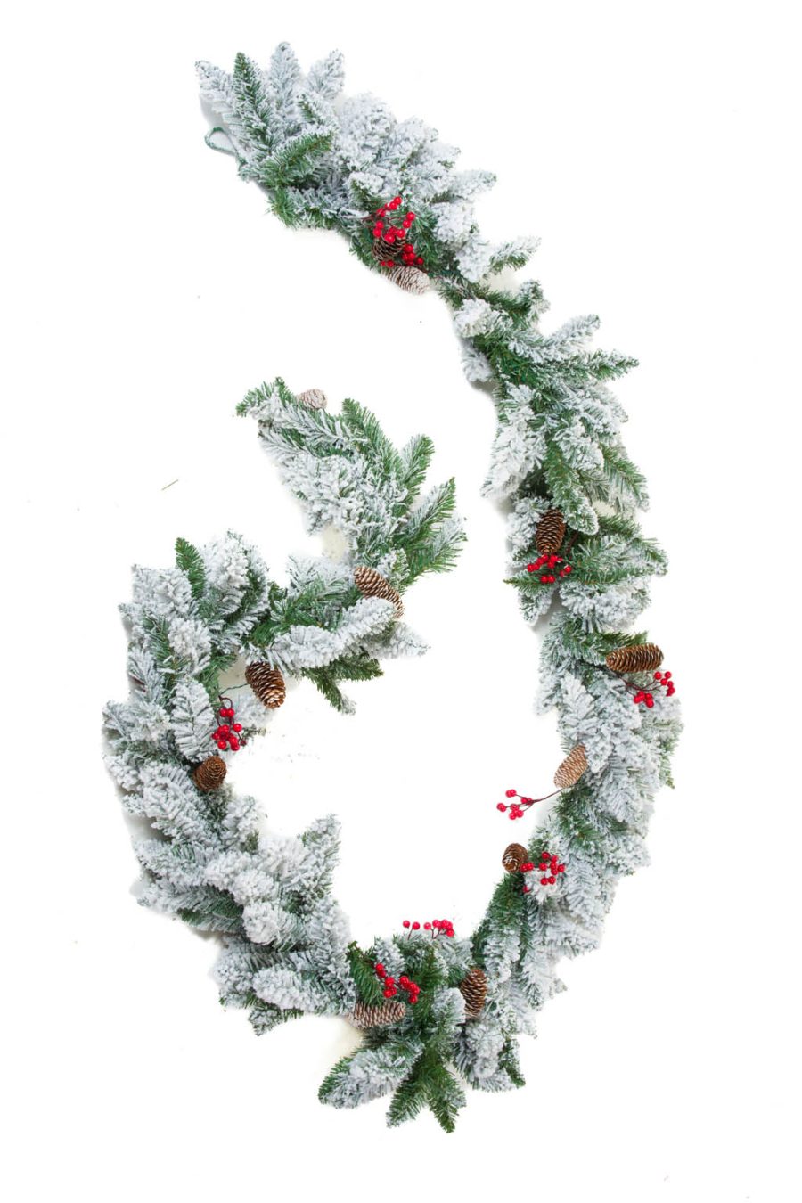 Hangable Green Flocked Flocked Garland with Red Berries and Pinecones