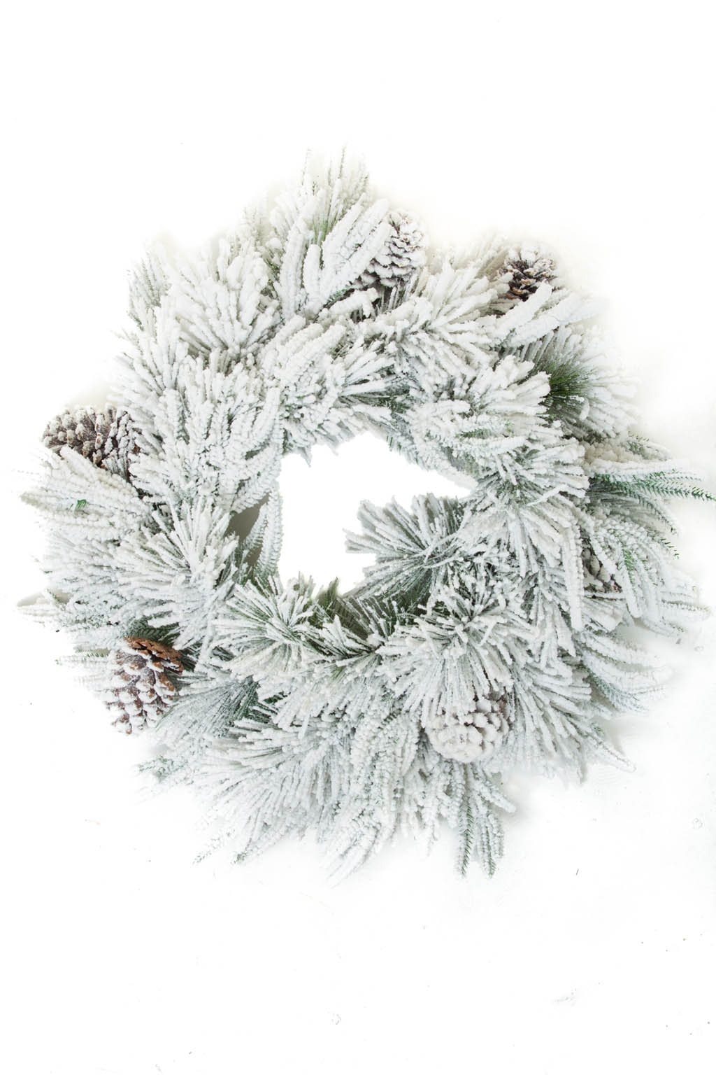 Hangable Green Flocked Flocked Wreath with Frosted Pinecones
