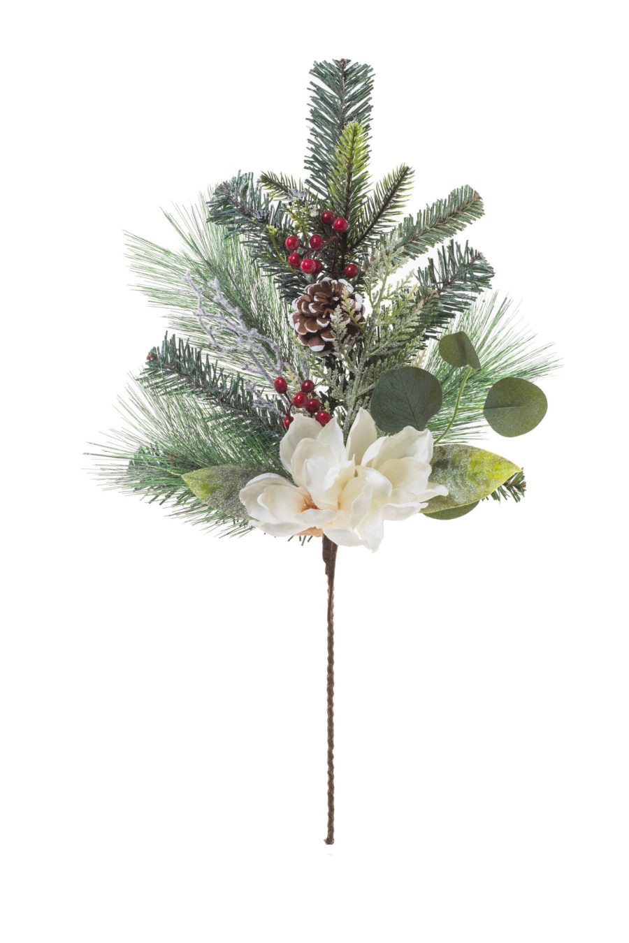 Green Glittered Mixed Pine Tree Pick with Anemone Flower