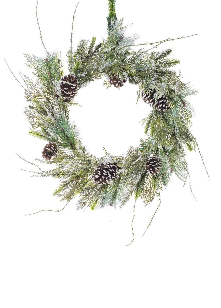 Green Iced Mixed Pine Wreath with Sprouting Evergreen