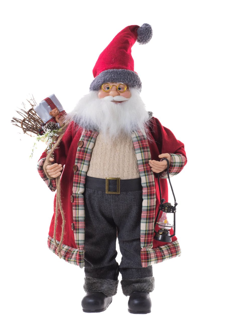 Burgandy/Ivory Fabric Standing Plump Santa with Plaid Jacket Lining