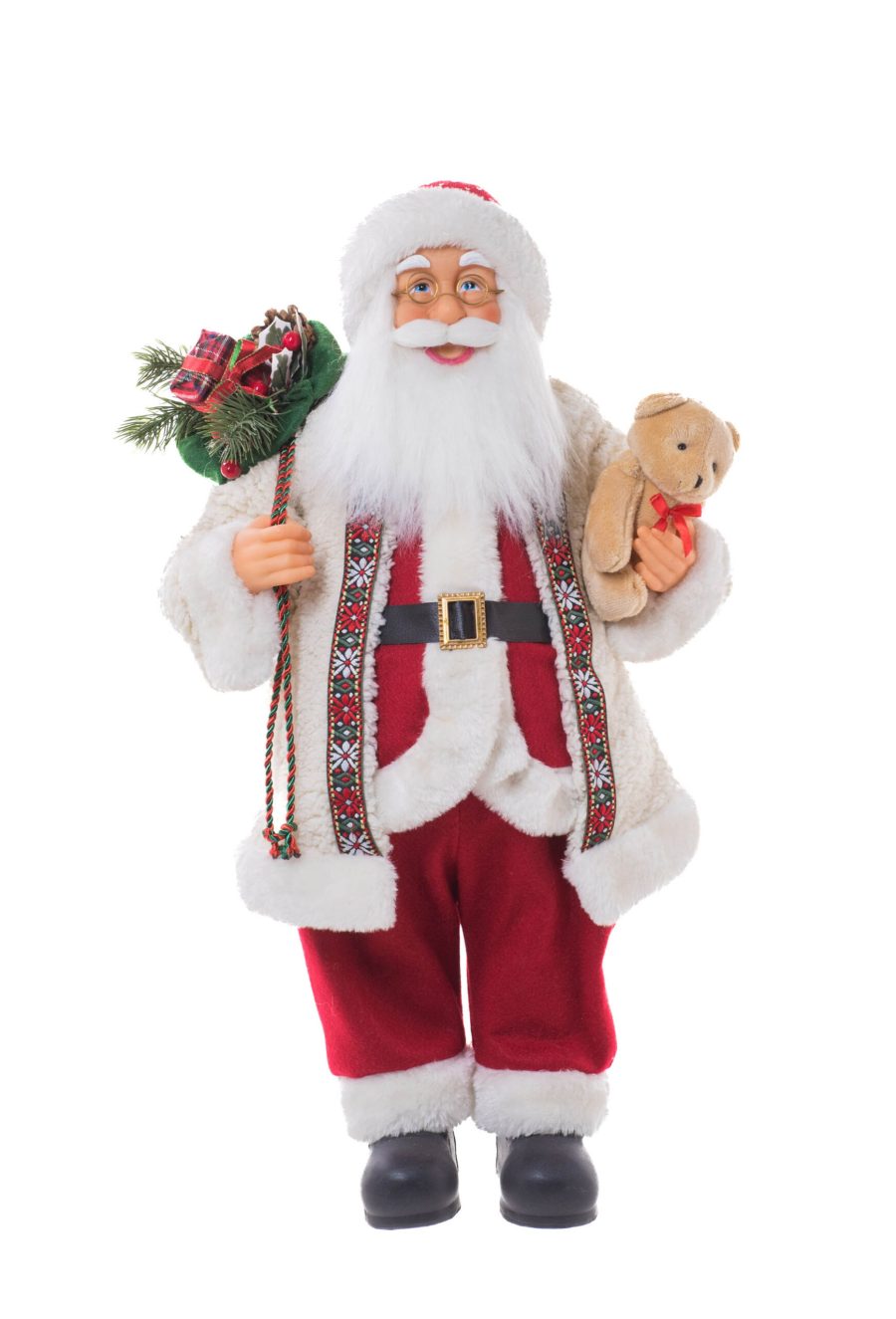 White/Red Fabric Standing Smiling Santa holding Teddy Bear