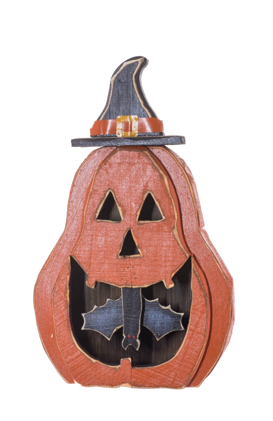 Orange/Black Wooden Standing Antique Rustic Jack-o-Lantern housing a Bat