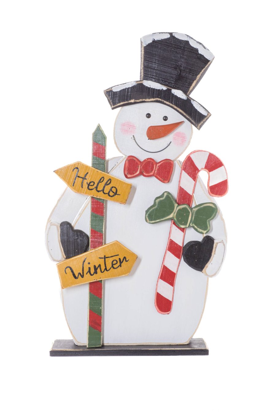 White Wooden Standing Antique Rustic Snowman with Sign