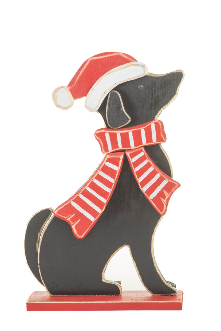 Sitting Black and Red Wooden Yuletide Dog Standee in Christmas Scarf and Hat