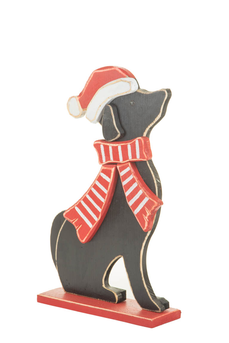 Sitting Black and Red Wooden Yuletide Dog Standee in Christmas Scarf and Hat - Image 3